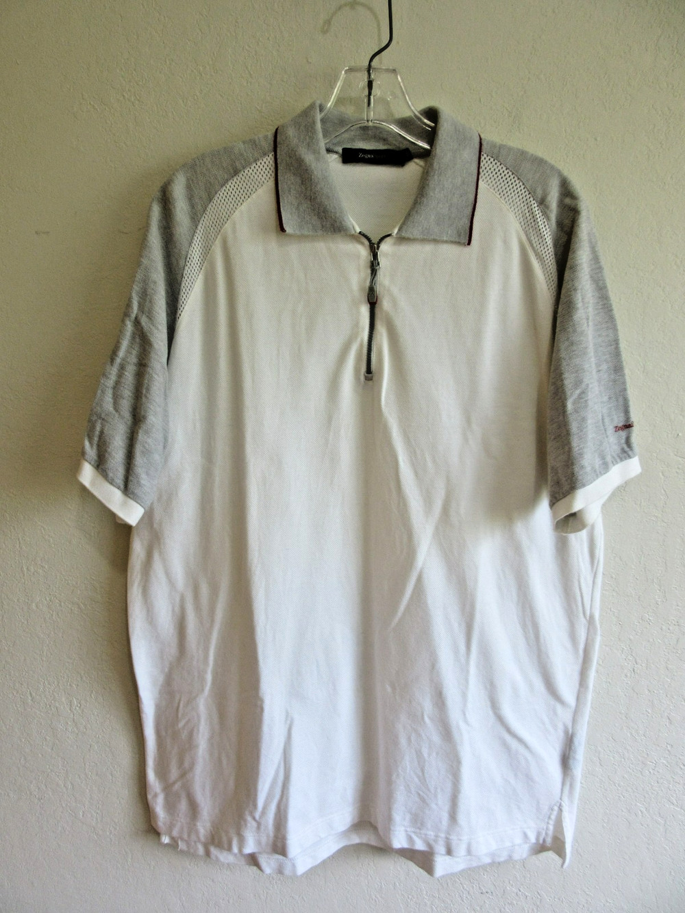 ZEGNA Sport White/Gray 1/4 Zip Short Sleeve XL Breathable Men's Polo Shirt-JB1